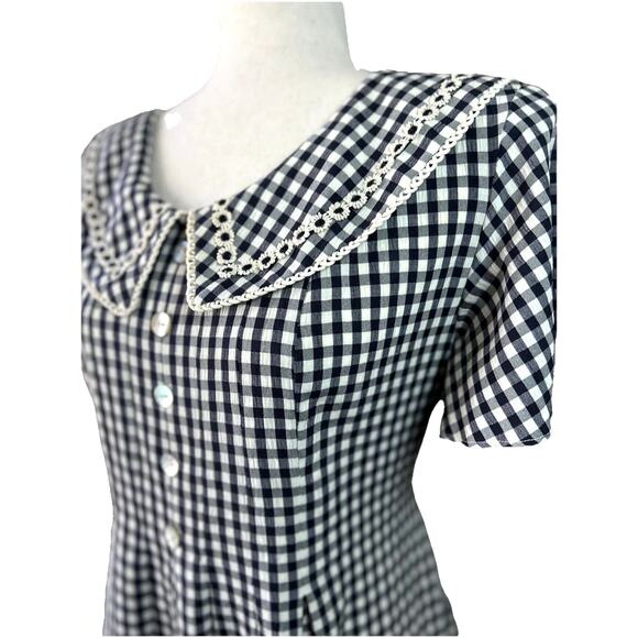 Vtg 80s Black White Gingham Prairie Dress Peter Pan Collar 10/12 Petite Modest - Picture 6 of 10